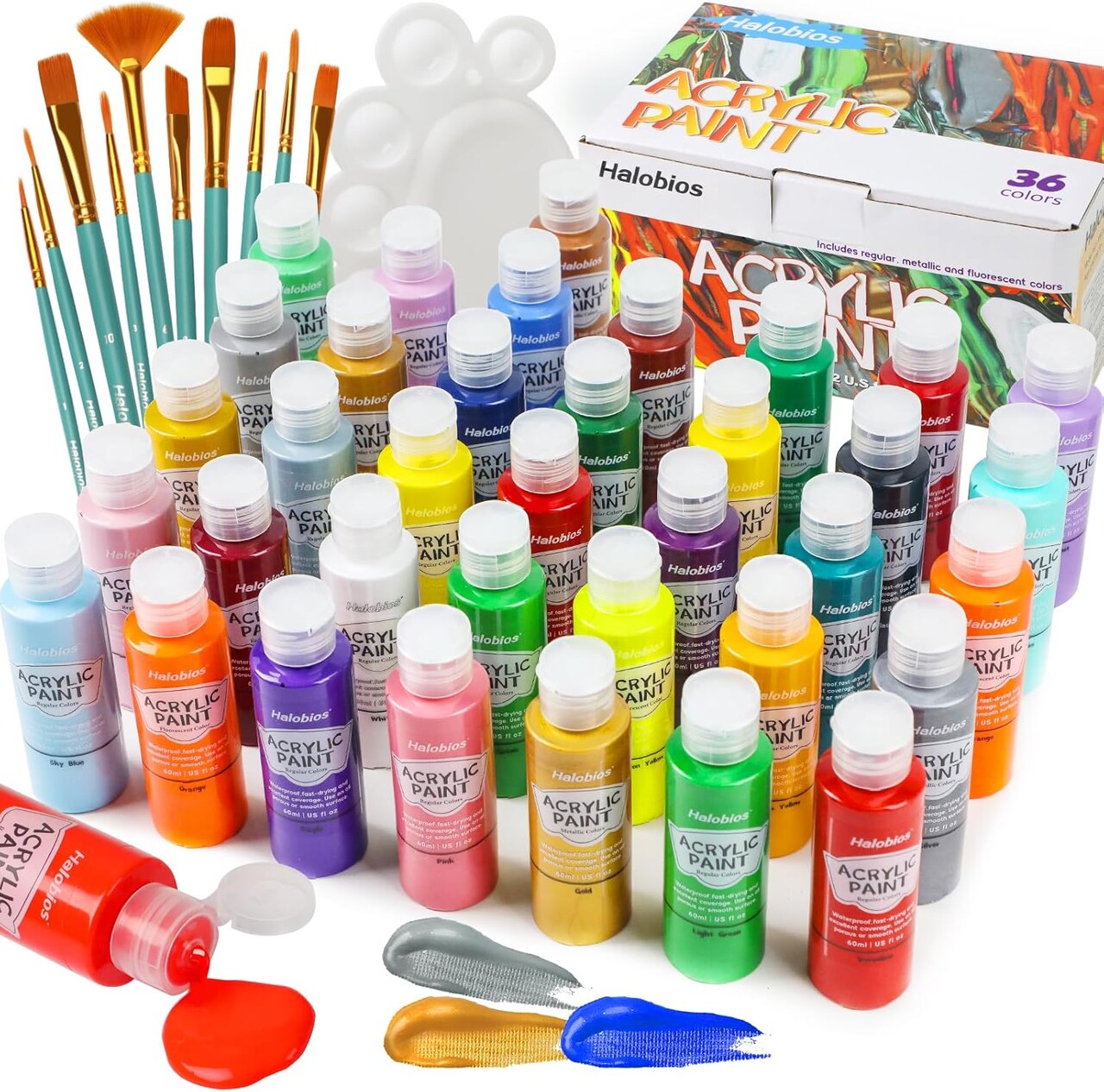Acrylic Paint Set 36 Colors(2 fl oz/60 ml), Premium Acrylic Paints for Students & Adults, With Fluorescent Colors & Metallic Colors for Painting, Drawing & Art Supplies, DIY Arts and Crafts